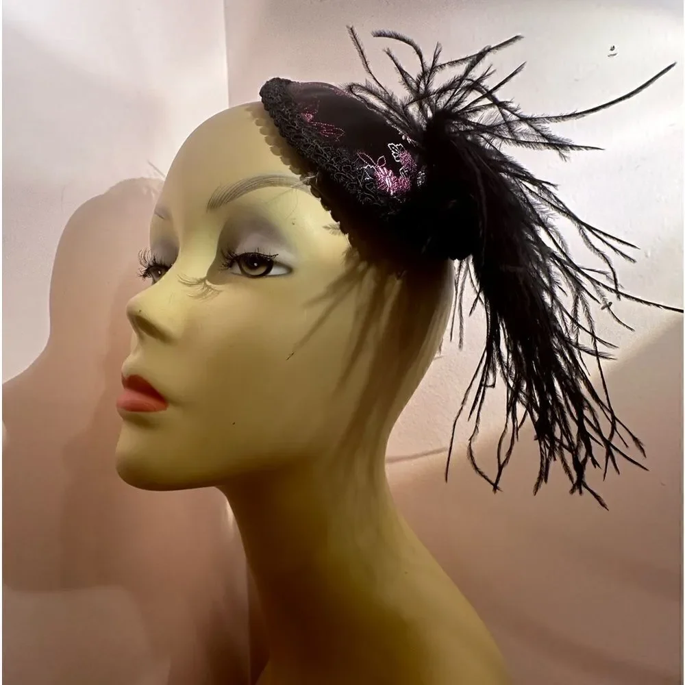 Taissa Lada Handmade Feather Fascinator Maribou Satin Lace Purple Black Hat Clip
